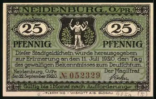Notgeld Neidenburg /Ostpreussen 1920, 25 Pfennig, Wappen, Ortsansicht vom Wasser