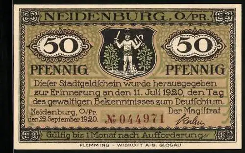 Notgeld Neidenburg /Ostpreussen 1920, 50 Pfennig, Wappen, Ortspanorama
