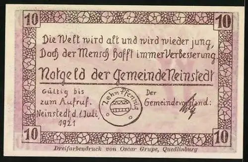 Notgeld Neinstedt a. H. 1921, 10 Pfennig, Ornamente, Teufelsmauer mit Umgebung