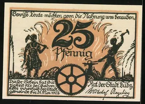 Notgeld Lübz i. M. 1922, 25 Pfennig, Zahnrad und Eisenhauer, Teilansicht