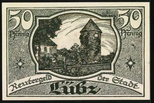 Notgeld Lübz i. M. 1922, 50 Pfennig, Wappen, Ortspartie mit Turm