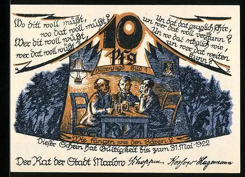 Notgeld Marlow i. M. 1922, 10 Pfennig, Bärenjagd: Bürger beim Bier, Wappen, Blumen