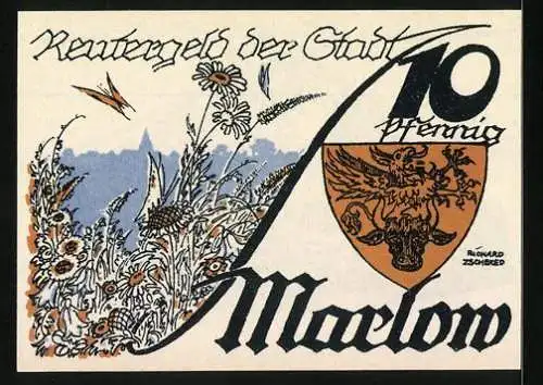 Notgeld Marlow i. M. 1922, 10 Pfennig, Bärenjagd: Bürger beim Bier, Wappen, Blumen