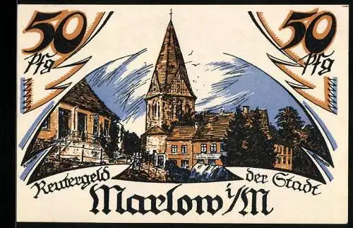 Notgeld Marlow i. M. 1922, 50 Pfennig, Bärenjagd: Verlegung des Heuhaufens, Ortspartie mit Kirche