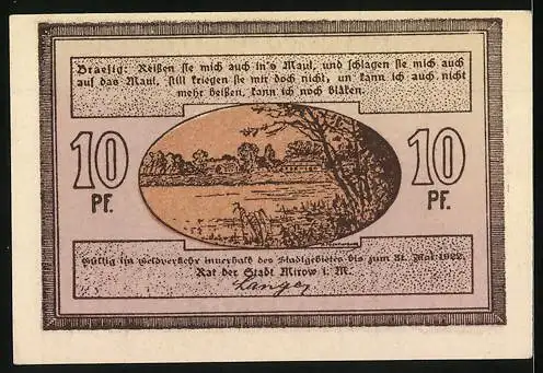 Notgeld Mirow i. M. 1922, 10 Pfennig, Ortsansicht, Haus mit Tordurchgang
