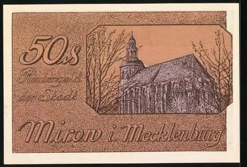 Notgeld Mirow i. M. 1922, 50 Pfennig, Ortspanorama, Kirche