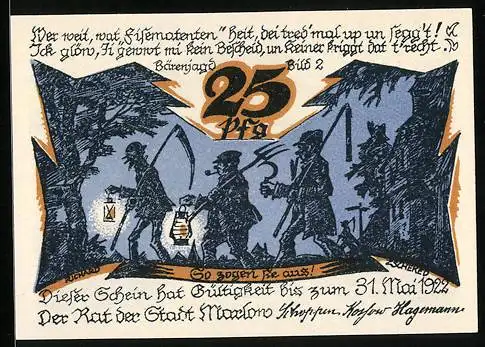 Notgeld Marlow i. M. 1922, 25 Pfennig, Bärenjagd: So zogen sie aus, Ortsansicht aus der Ferne