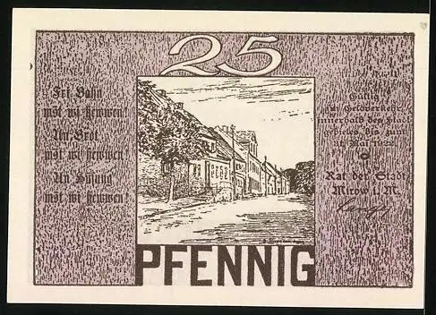 Notgeld Mirow i. M. 1922, 25 Pfennig, Gebäudeansicht, Strassenpartie