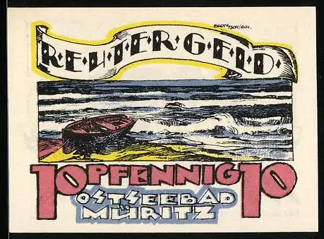Notgeld Müritz /Ostsee 1922, 10 Pfennig, Segelschiff, Boot am Meer
