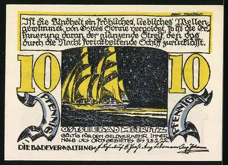 Notgeld Müritz /Ostsee 1922, 10 Pfennig, Segelschiff, Boot am Meer