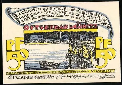 Notgeld Müritz /Ostsee 1922, 50 Pfennig, Dame und Segel, Ortsansicht mit Seebrücke