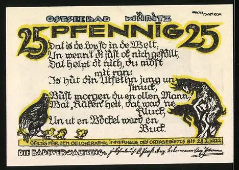 Notgeld Müritz /Ostsee 1922, 25 Pfennig, Huhn und Ziegenböcke, Segelschiffe auf dem Meer