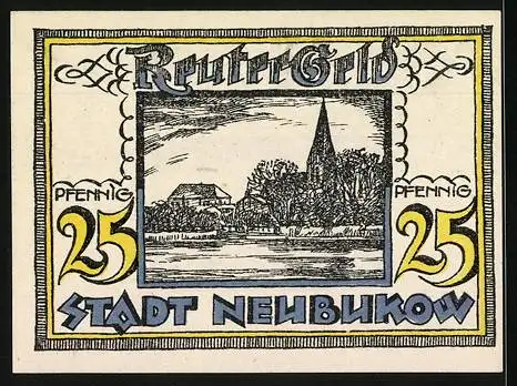 Notgeld Neubukow 1922, 25 Pfennig, Bäuerin mit Rind, Ortspartie mit Kirche