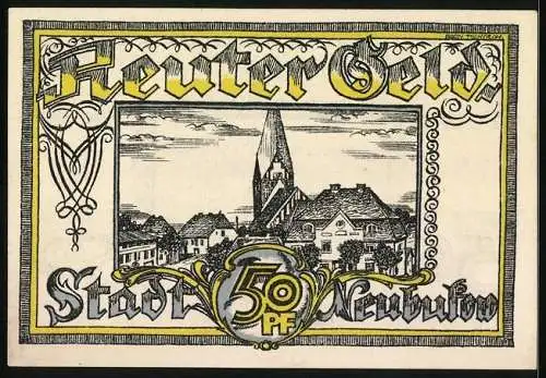 Notgeld Neubukow 1922, 50 Pfennig, Bauer am Pflug vor Ortsansicht, Teilansicht