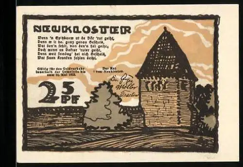 Notgeld Neukloster 1922, 25 Pfennig, Turm mit Umgebung, Gehöft