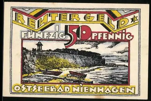 Notgeld Nienhagen /Ostsee 1922, 50 Pfennig, Seepartie mit Leuchtturm, Dame am Strand