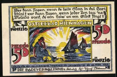 Notgeld Nienhagen /Ostsee 1922, 50 Pfennig, Seepartie mit Leuchtturm, Dame am Strand