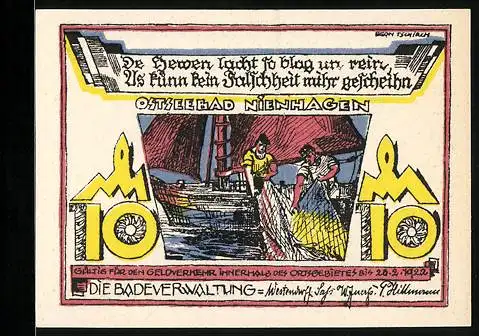Notgeld Nienhagen /Ostsee 1922, 10 Pfennig, Leuchtturm, Fischer mit Netzen