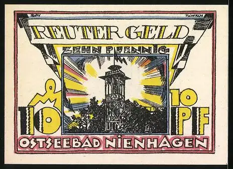 Notgeld Nienhagen /Ostsee 1922, 10 Pfennig, Leuchtturm, Fischer mit Netzen