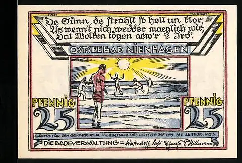 Notgeld Nienhagen /Ostsee 1922, 25 Pfennig, Spiel am Strand, Seepartie