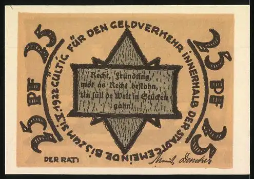 Notgeld Rehna 1922, 25 Pfennig, Ortsansicht, Stern