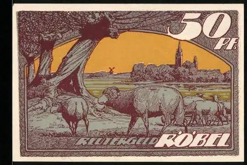 Notgeld Röbel 1922, 50 Pfennig, Kartoffelernte, Schafe vor Ortspanorama