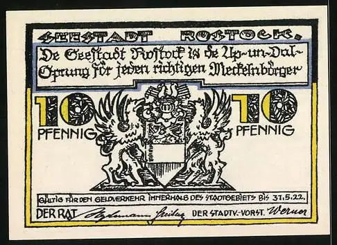 Notgeld Rostock 1922, 10 Pfennig, Ortspartie, Wappen