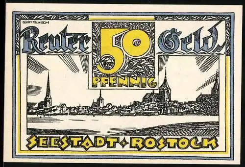 Notgeld Rostock 1922, 50 Pfennig, Ortspanorama, Wikingerschiffe
