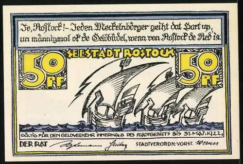 Notgeld Rostock 1922, 50 Pfennig, Ortspanorama, Wikingerschiffe