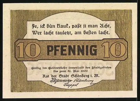 Notgeld Schönberg /Ratzeburg 1922, 10 Pfennig, Strassenpartie