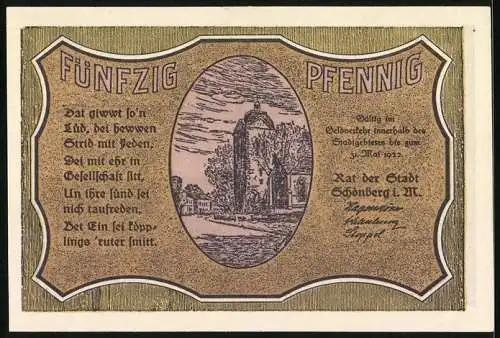 Notgeld Schönberg /Ratzeburg 1922, 50 Pfennig, Turm, Ortspanorama