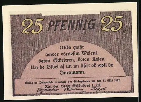 Notgeld Schönberg /Ratzeburg 1922, 25 Pfennig, Ortspanorama mit Wasser