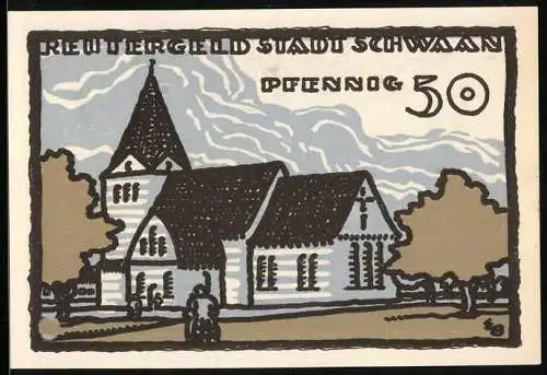 Notgeld Schwaan 1922, 50 Pfennig, Kirche, Ortspartie im Winter