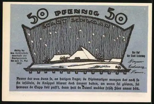 Notgeld Schwaan 1922, 50 Pfennig, Kirche, Ortspartie im Winter
