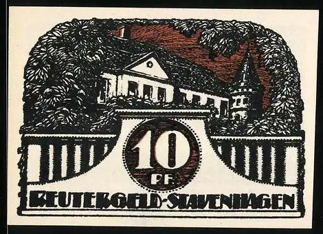 Notgeld Stavenhagen 1921, 10 Pfennig, Gebäude mit Turm, Ornamente