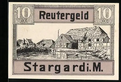 Notgeld Stargard i. M. 1922, 10 Pfennig, Ortspartie, Ortspanorama mit Umgebung
