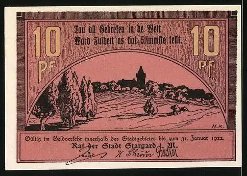 Notgeld Stargard i. M. 1922, 10 Pfennig, Ortspartie, Ortspanorama mit Umgebung