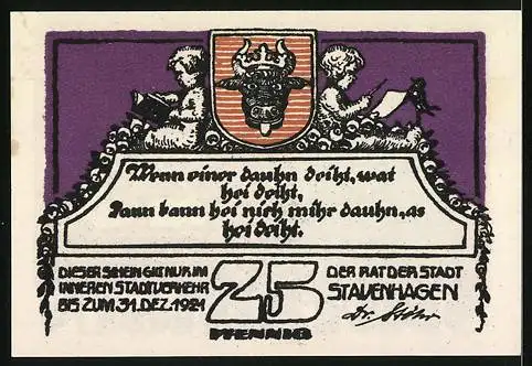 Notgeld Stavenhagen 1921, 25 Pfennig, Fritz Reuter, Wappen, Kinderfiguren