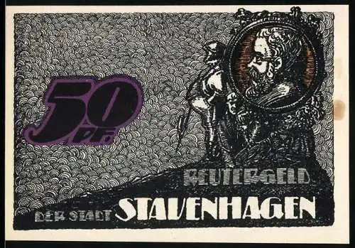Notgeld Stavenhagen, 50 Pfennig, Portrait Fritz Reuter, Waldpartie