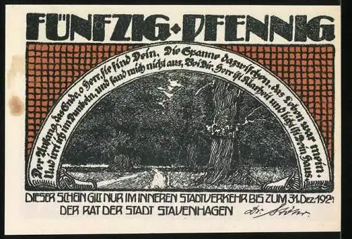 Notgeld Stavenhagen, 50 Pfennig, Portrait Fritz Reuter, Waldpartie