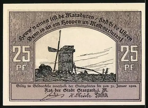 Notgeld Stargard i. M. 1922, 25 Pfennig, Strassenpartie, Windmühle