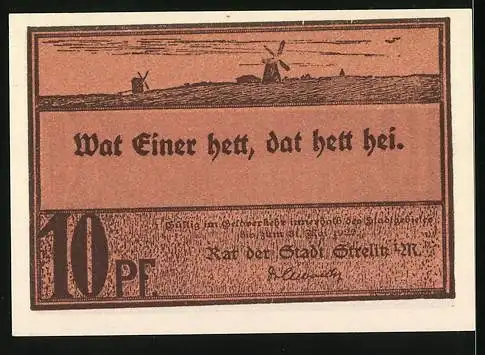 Notgeld Strelitz i. M. 1922, 10 Pfennig, Strassenpartie, Windmühle
