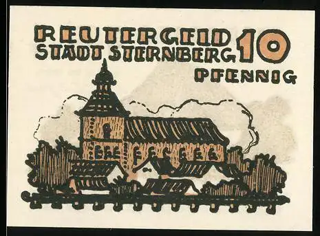 Notgeld Sternberg 1922, 10 Pfennig, Bauernhaus, Ortspartie mit Kirche