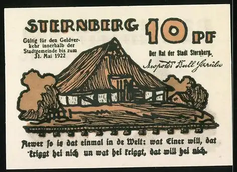 Notgeld Sternberg 1922, 10 Pfennig, Bauernhaus, Ortspartie mit Kirche