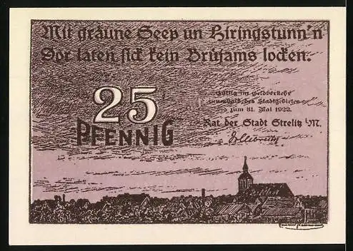 Notgeld Strelitz i. M. 1922, 10 Pfennig, Torgebäude, Ortspanorama