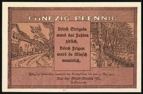 Notgeld Strelitz i. M. 1922, 50 Pfennig, Ortspartie, Strassenpartien