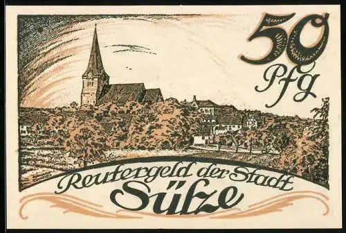 Notgeld Sülze 1922, 50 Pfennig, Bauwerk mit Windmühle, Ortsansicht