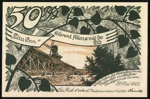 Notgeld Sülze 1922, 50 Pfennig, Bauwerk mit Windmühle, Ortsansicht