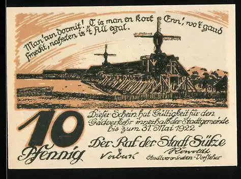 Notgeld Sülze 1922, 10 Pfennig, Panorama mit Windmühlen, Gebäudeansicht