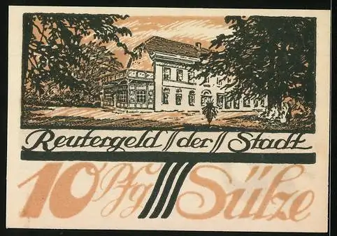 Notgeld Sülze 1922, 10 Pfennig, Panorama mit Windmühlen, Gebäudeansicht